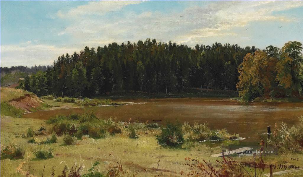 Fluss am Rande einer Holz Klassiker Landschaft Ivan Ivanovich Ölgemälde